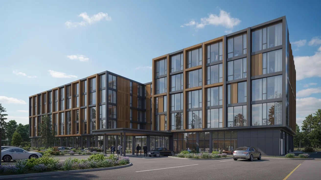 Luxury prefabricated hotel complex with modern modular architecture, expansive glass facades, and contemporary hospitality design showcasing rapid deployment and premium guest accommodations