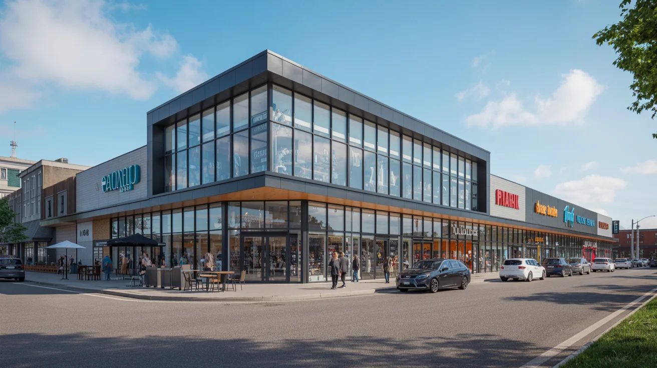 Modern prefabricated retail shopping center with contemporary storefronts and customer-focused design showcasing premium commercial retail architecture