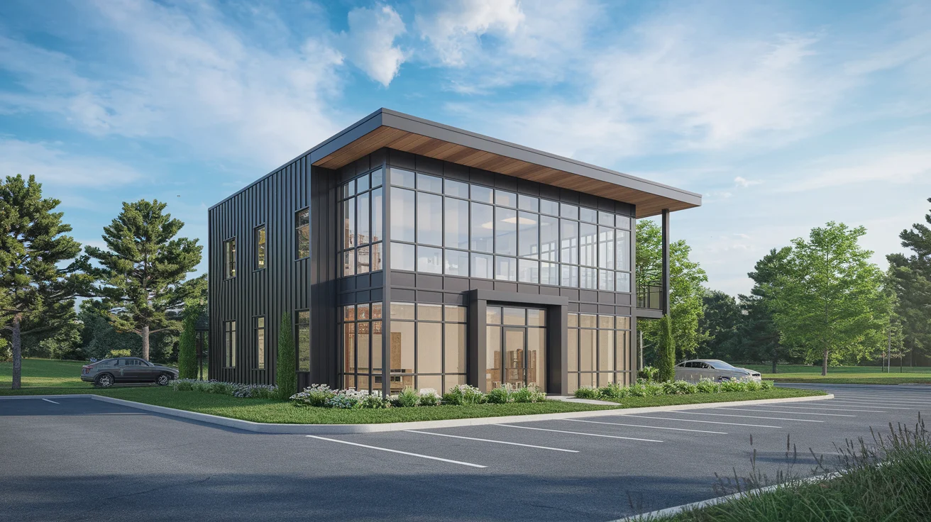 Modern prefabricated office building with glass facade and steel frame construction showcasing contemporary commercial architecture