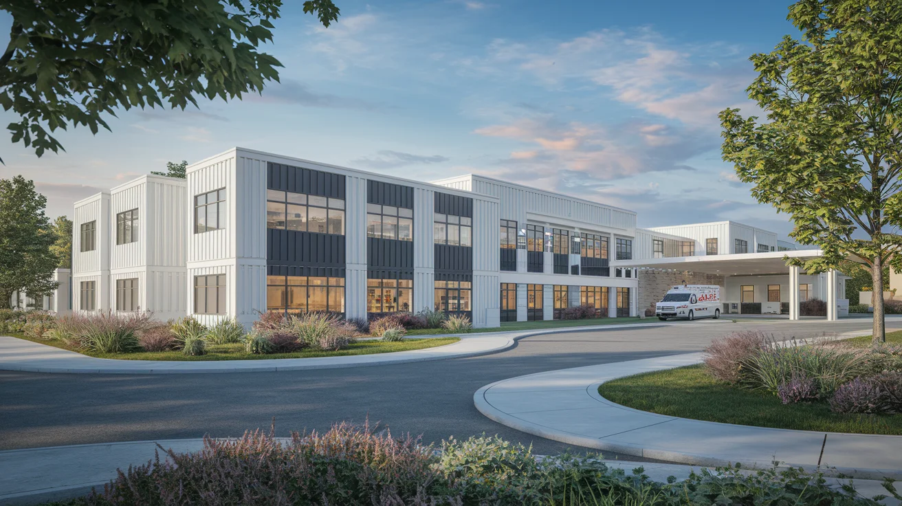 Modern prefabricated healthcare facility with advanced medical equipment and patient-centered design showcasing contemporary medical architecture