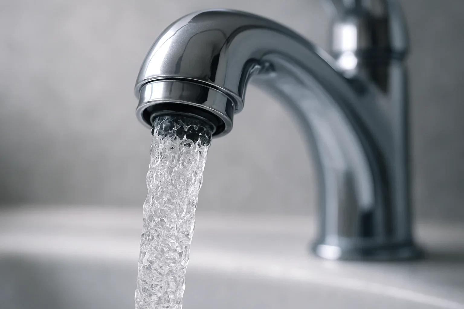 Filtered drinking water streaming from a chrome faucet