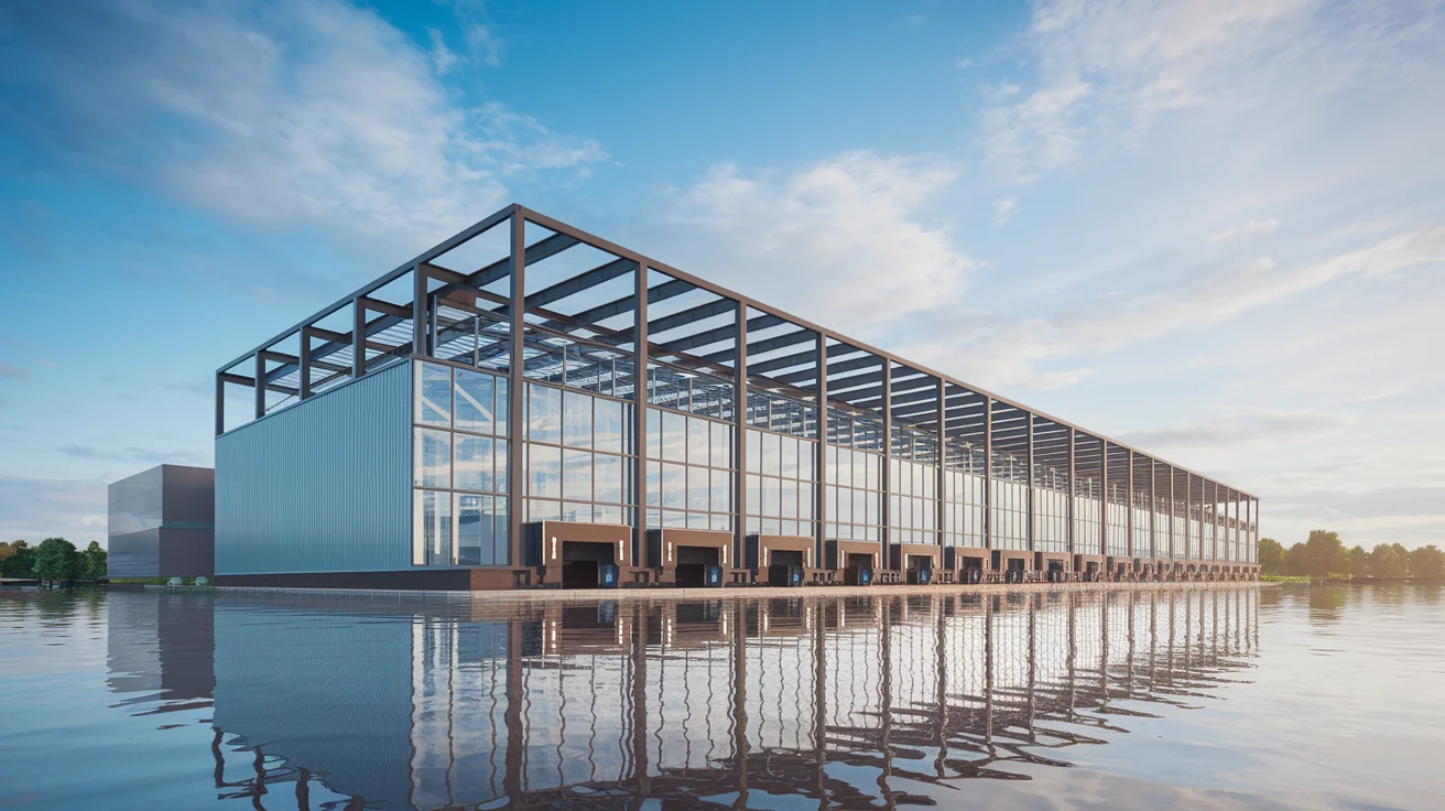 Large-scale prefabricated industrial facility with steel frame construction and modern manufacturing capabilities showcasing heavy-duty commercial architecture