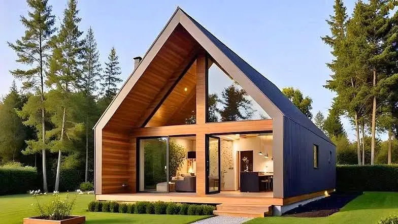 Luxury A-frame cabin in forest setting showcasing premium construction and natural integration