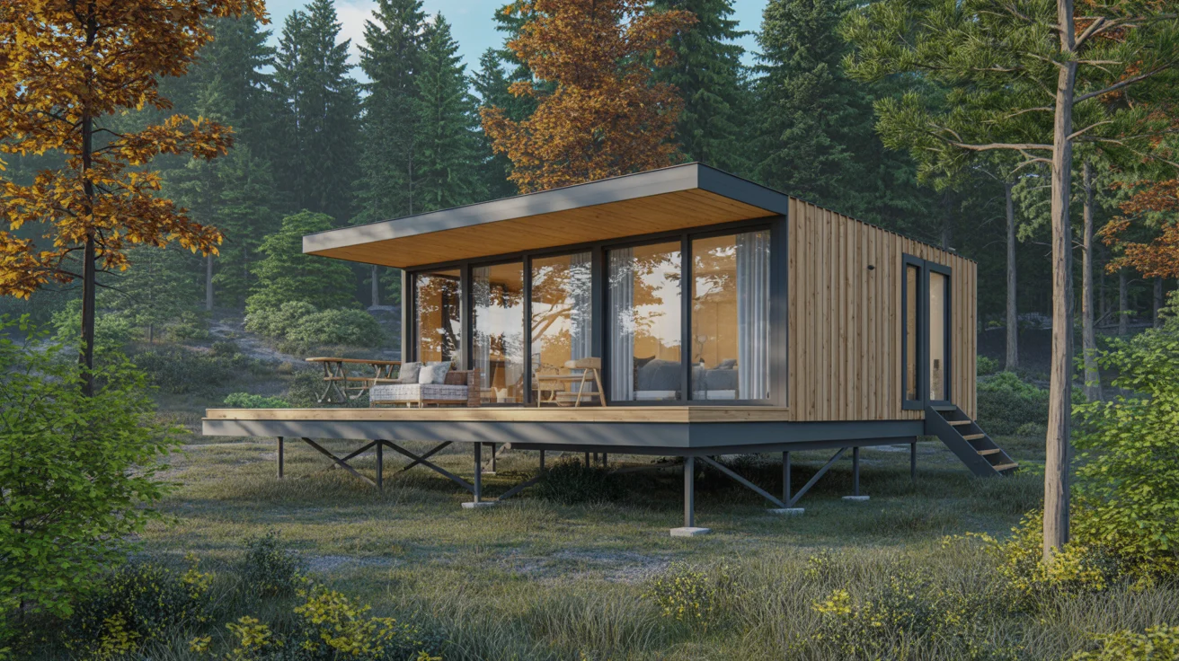 Luxury glamping cabin nestled in pristine forest setting with modern prefabricated architecture, panoramic windows, and elevated deck showcasing sustainable outdoor hospitality design