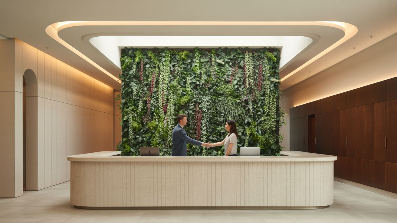 Hospitality-grade lobby and co-working module with concierge desk and greenery