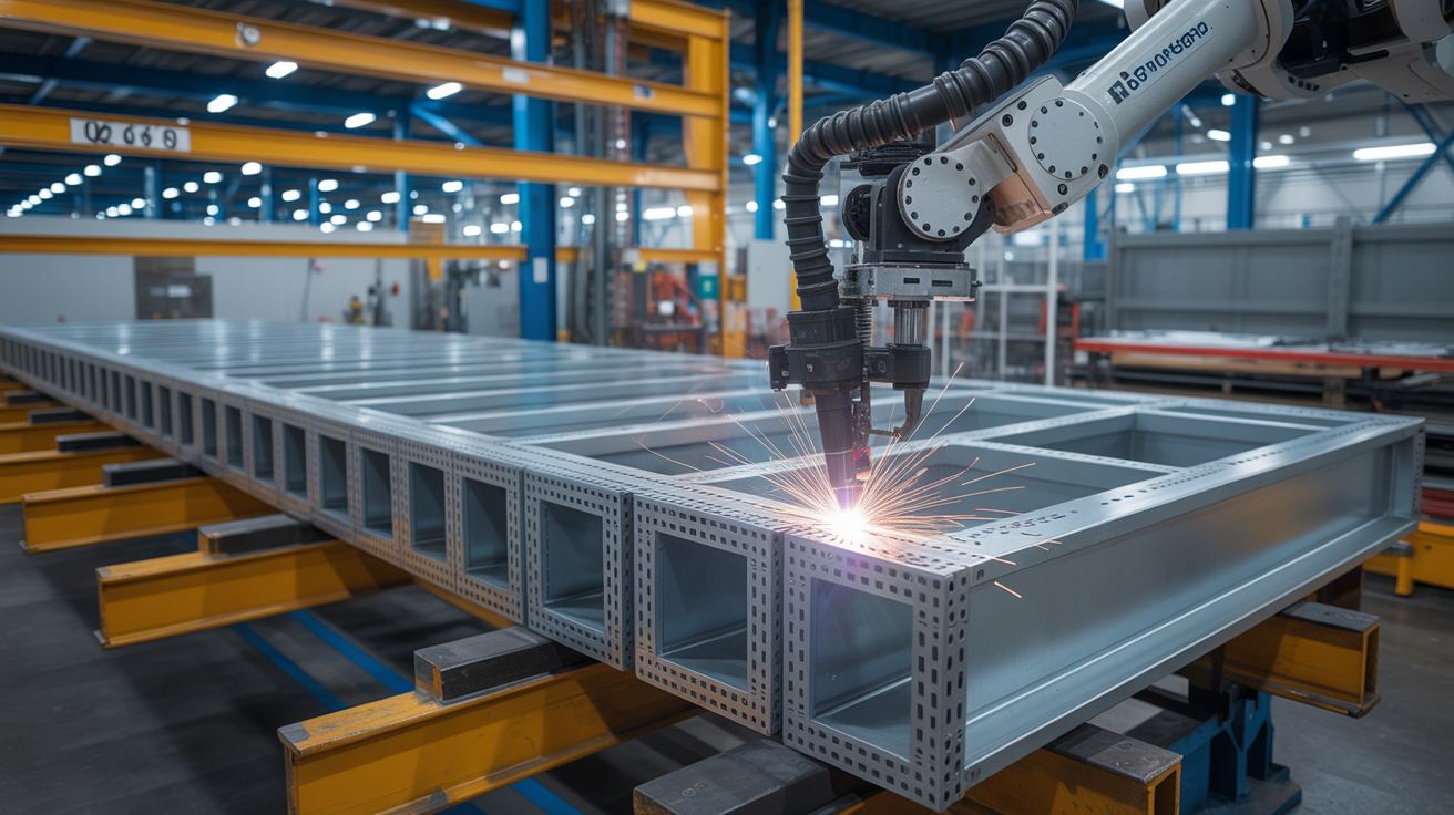 Cold-formed steel framing modules being assembled inside a precision manufacturing facility