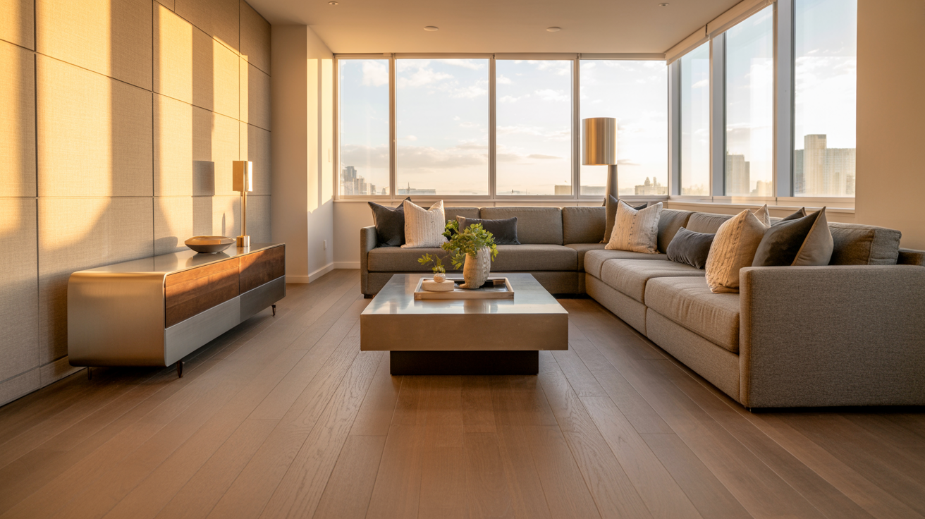 Completed interior fit-out with flooring, cabinetry, and acoustic finishes ready for residents