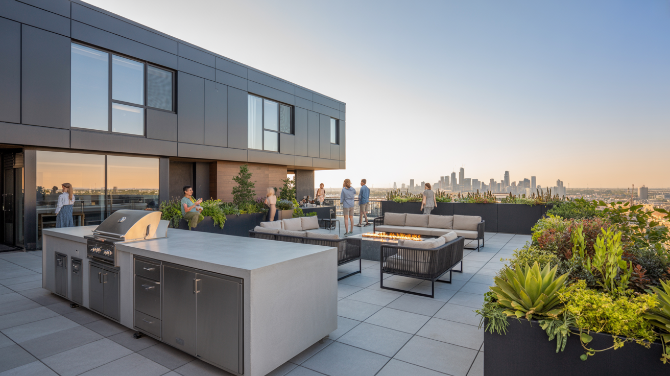 Rooftop amenity deck with lounge seating, outdoor kitchen, and skyline views
