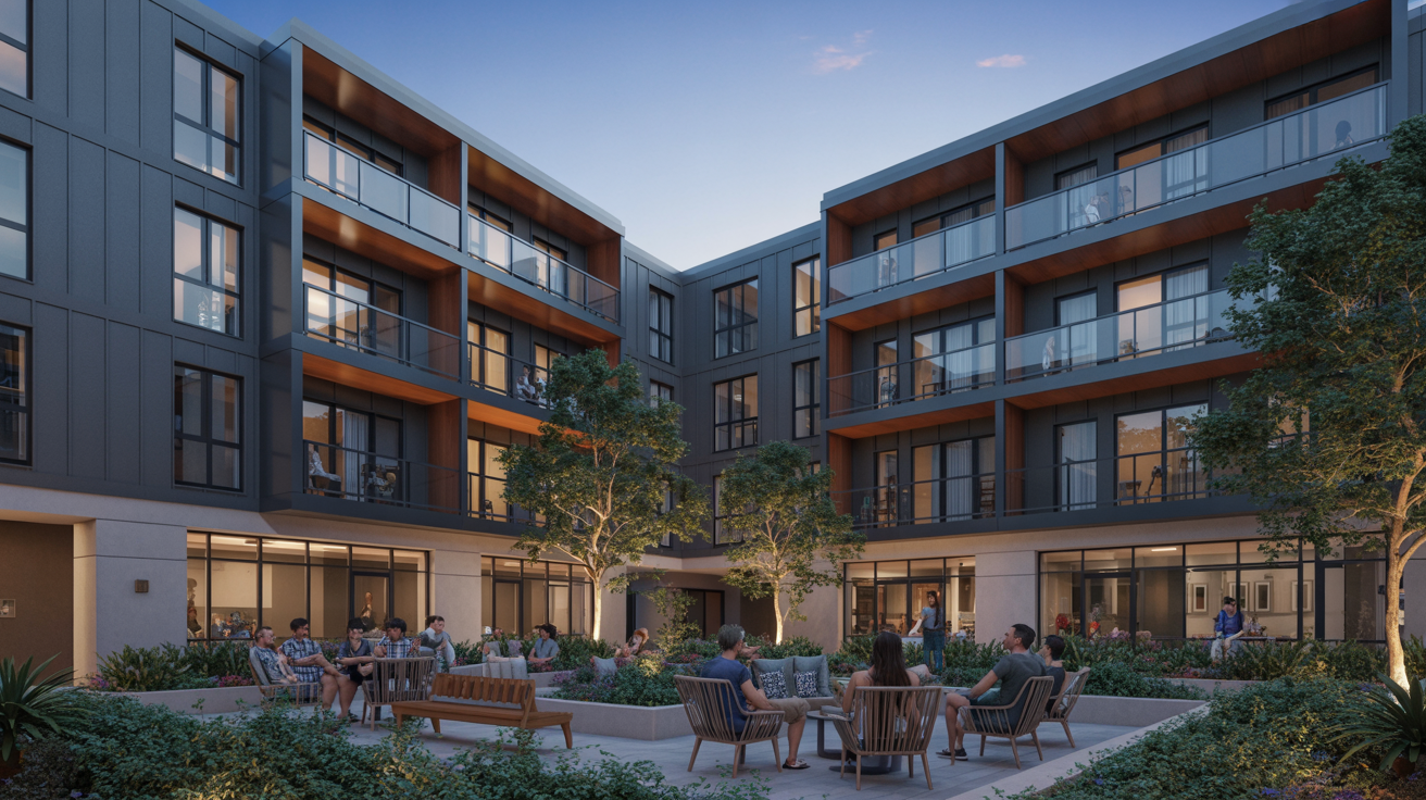 Modular residential buildings surrounding a landscaped communal courtyard at sunset