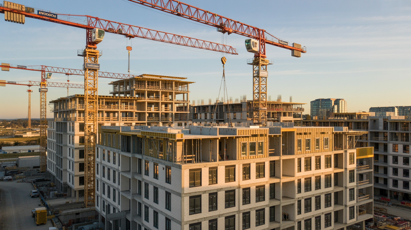 Aerial view of modular multi-family construction with stacked modules and cranes illustrating accelerated timelines