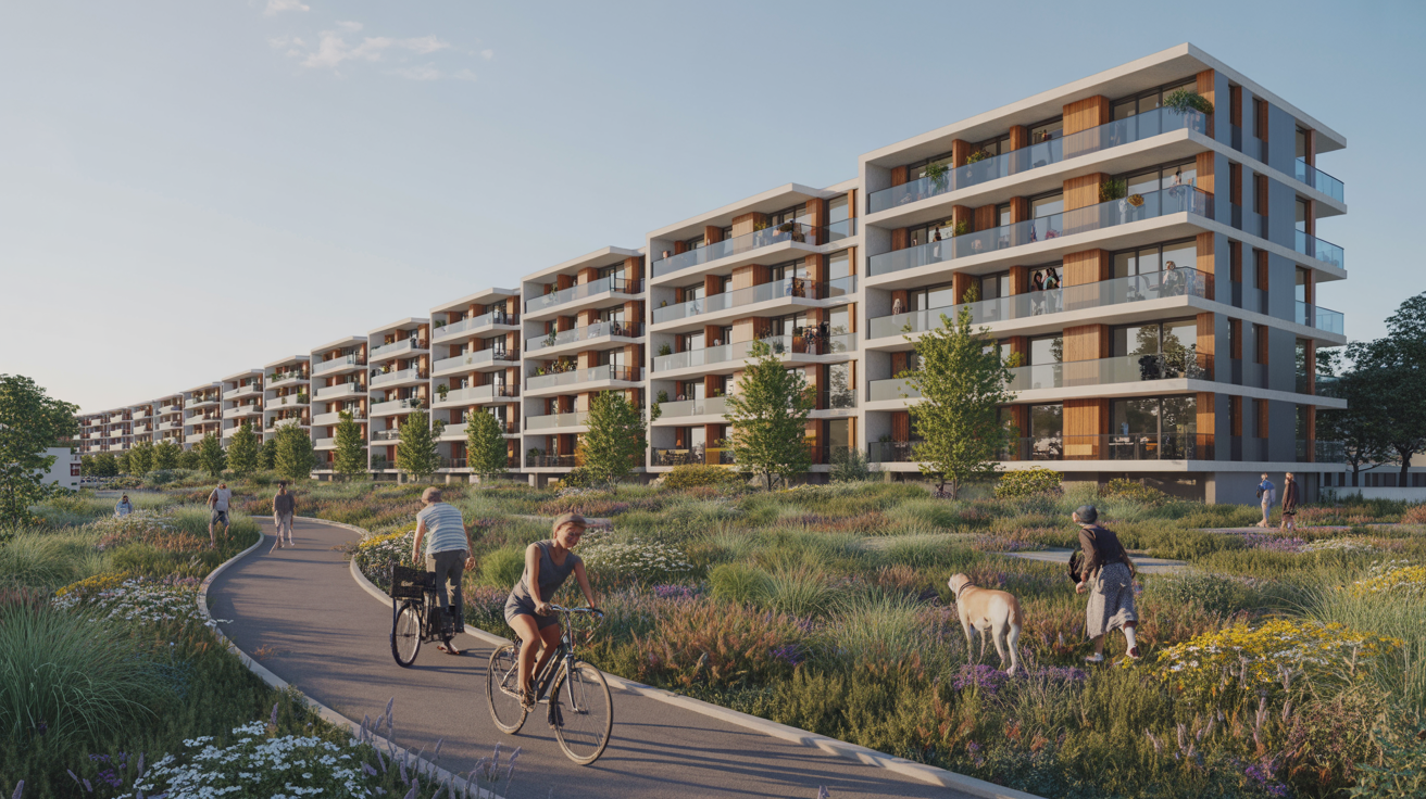 Sustainable modular apartment buildings lining a landscaped greenway