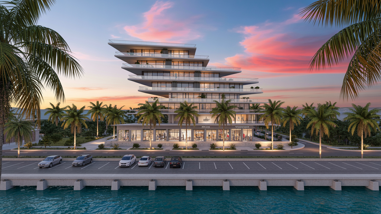 Contemporary multi-family community with retail podium, terraces, and coastal landscaping