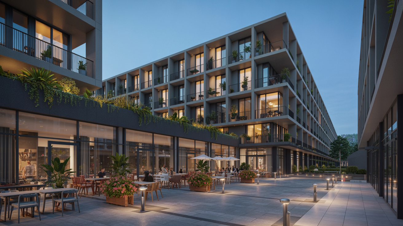 Mixed-use modular development with active retail plaza and residential terraces