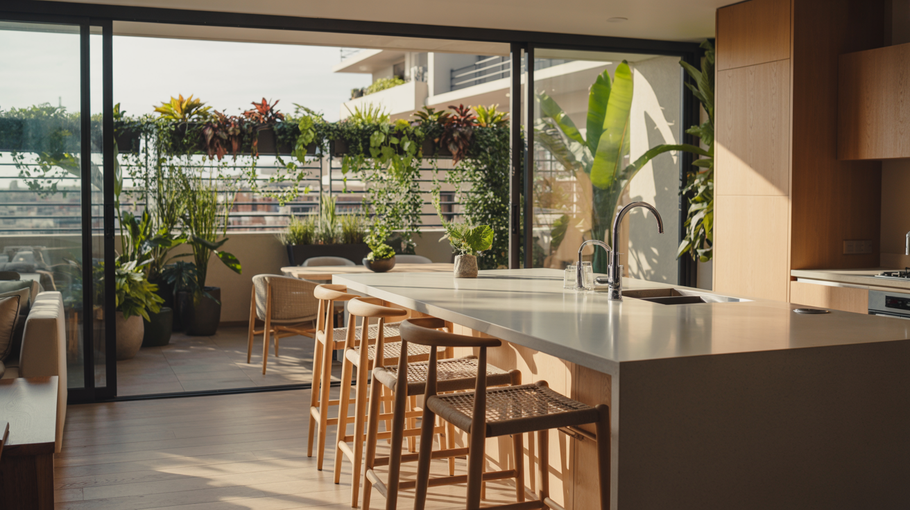 Contemporary multi-family apartment interior showcasing open-plan living and kitchen