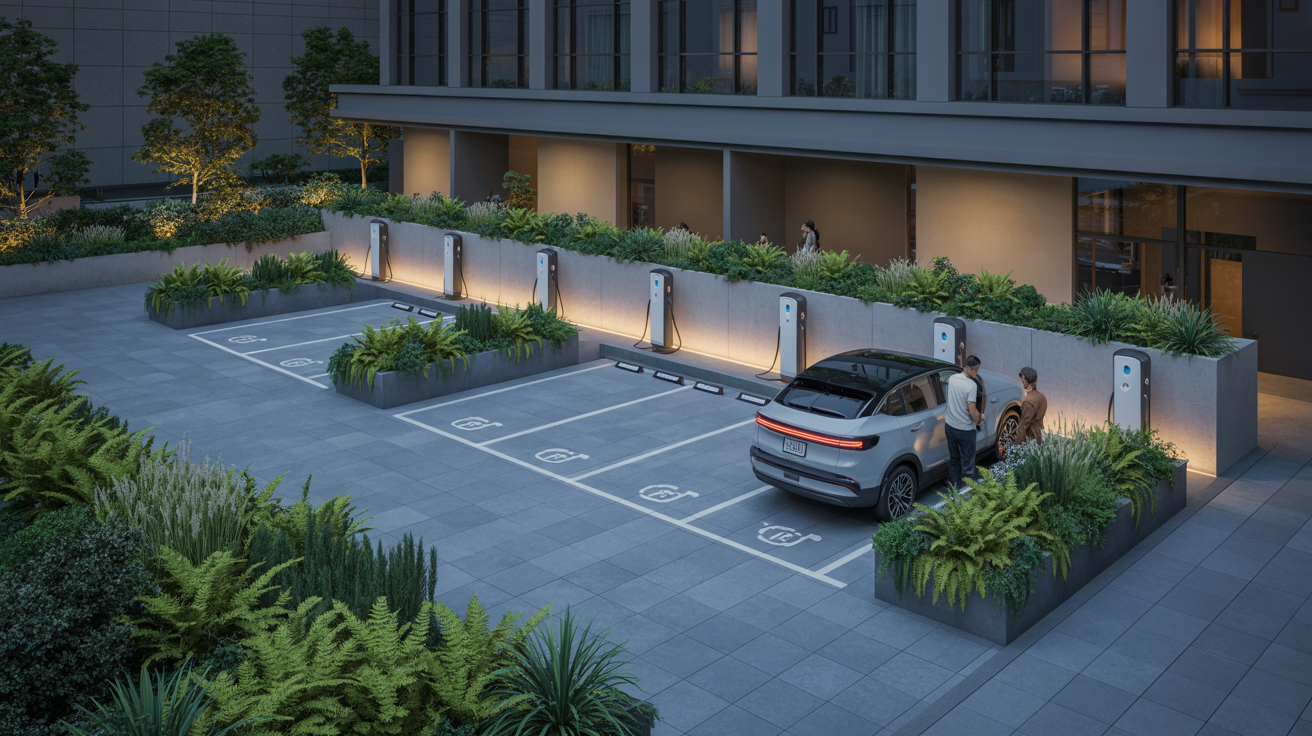 EV-ready parking court integrated into a modular apartment podium