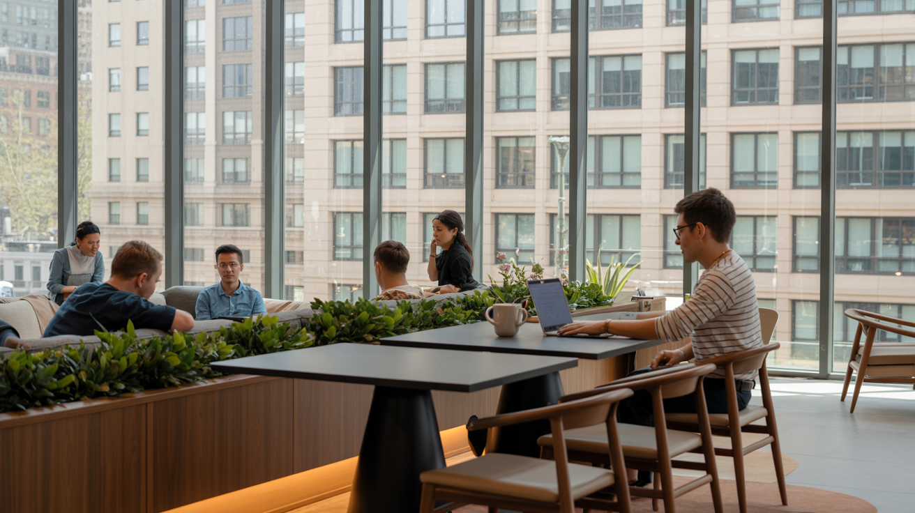 Residents enjoying hospitality-grade lounge spaces with natural light and greenery