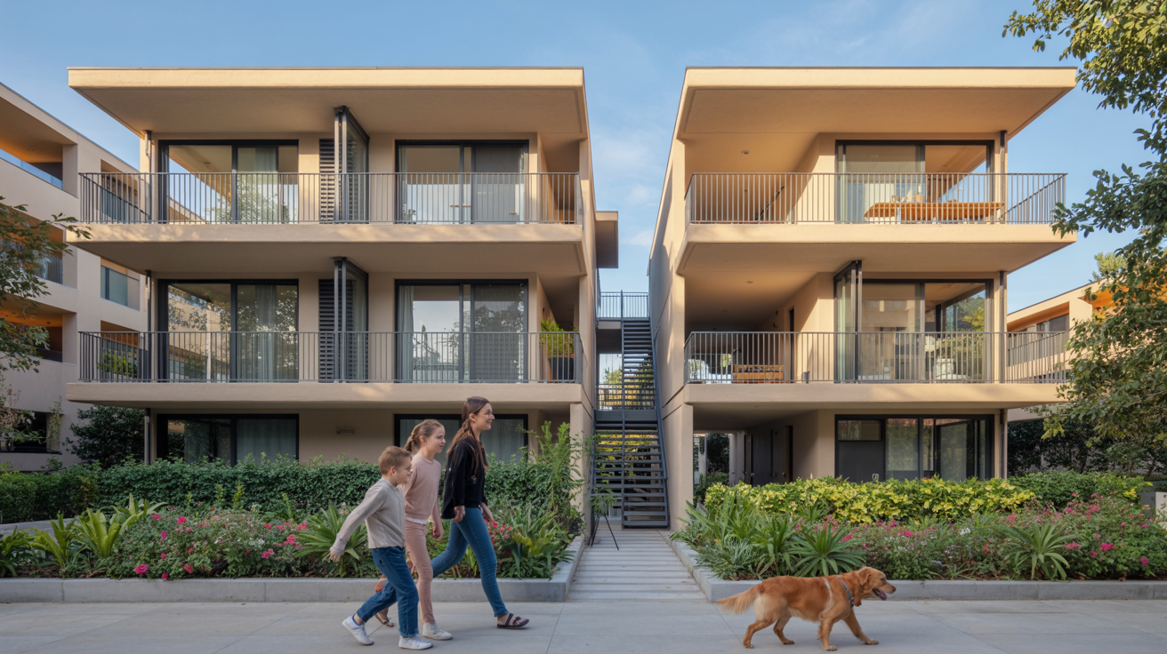 Modular walk-up flats with open breezeways and generous glazing