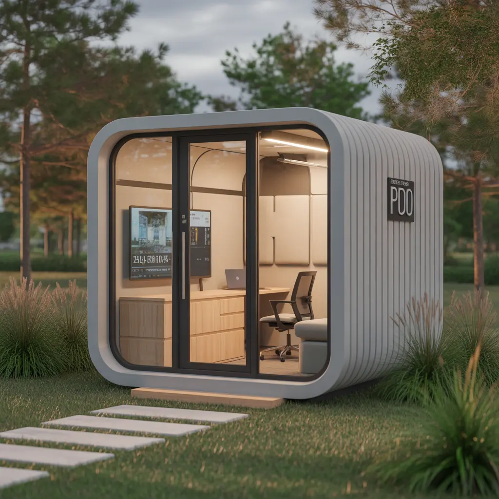 Office pod tiny structure with floor-to-ceiling glazing