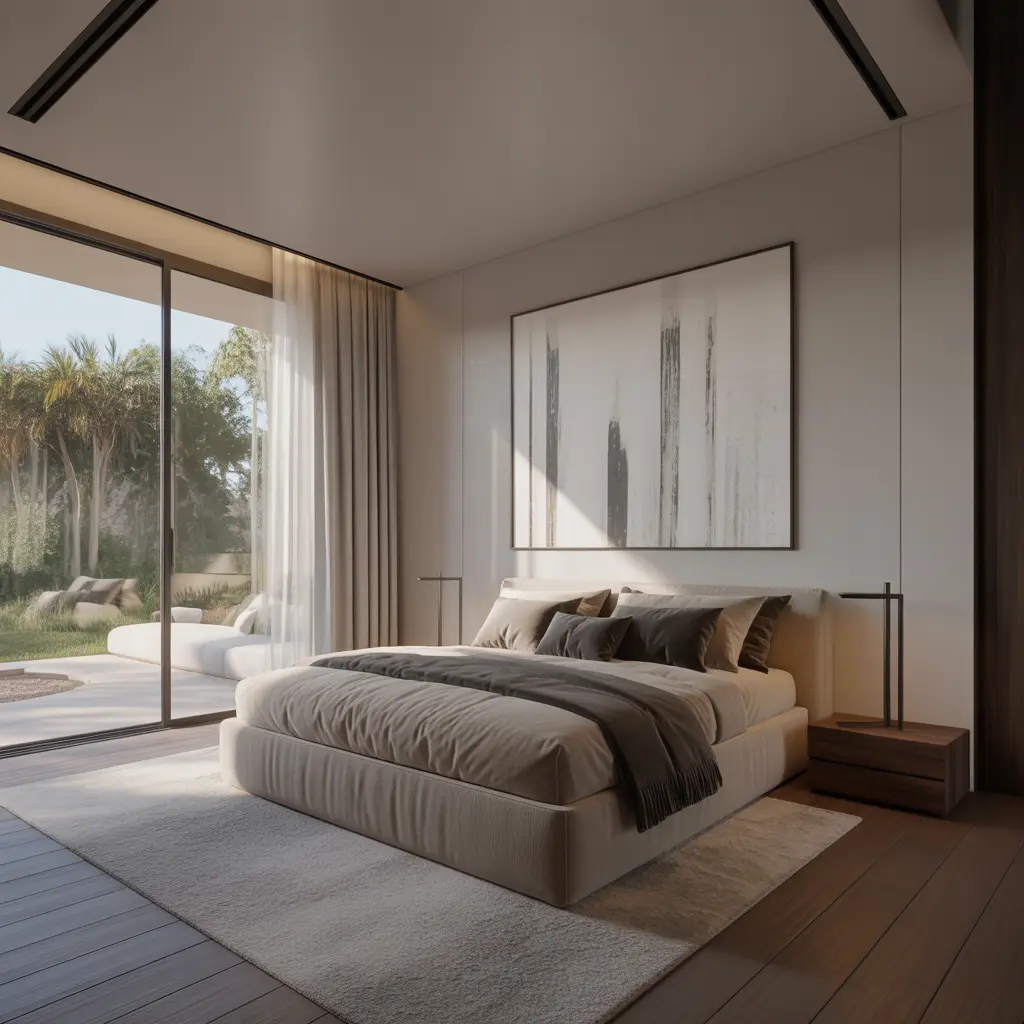 Contemporary hotel suite with king bed, upholstered headboard, and soft ambient lighting