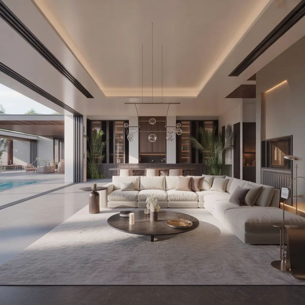 Grand presidential suite with expansive living room, custom millwork, and floor-to-ceiling glazing