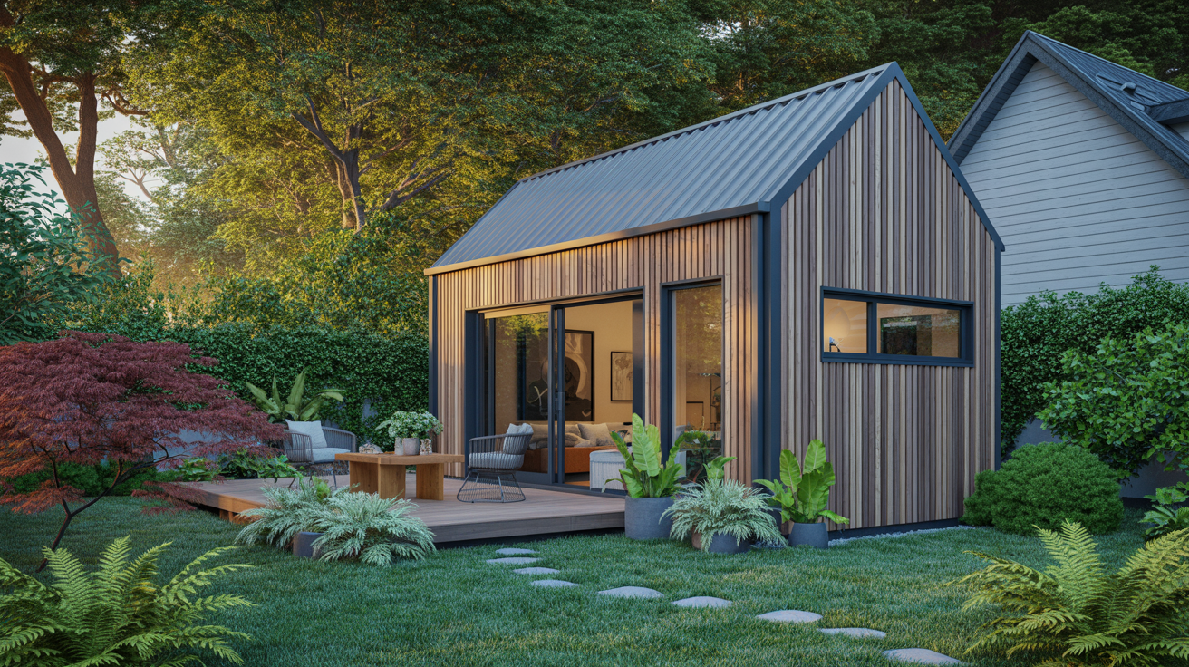 Farmhouse-inspired studio ADU with covered porch and compact layout