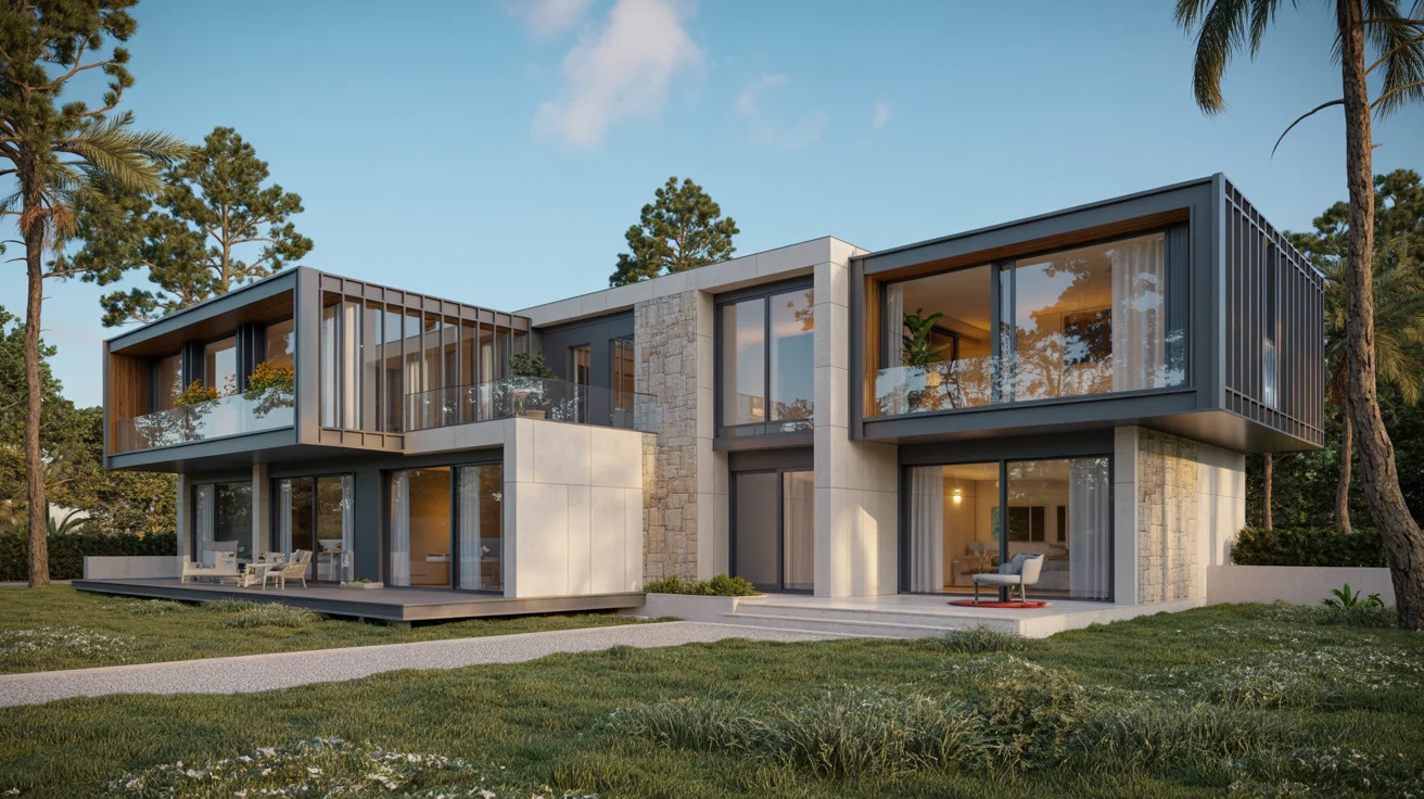 Luxury modular villa estate showcasing multiple connected prefabricated modules with modern architectural design, steel frame construction, natural stone cladding, floor-to-ceiling windows, and premium materials in upscale residential landscape