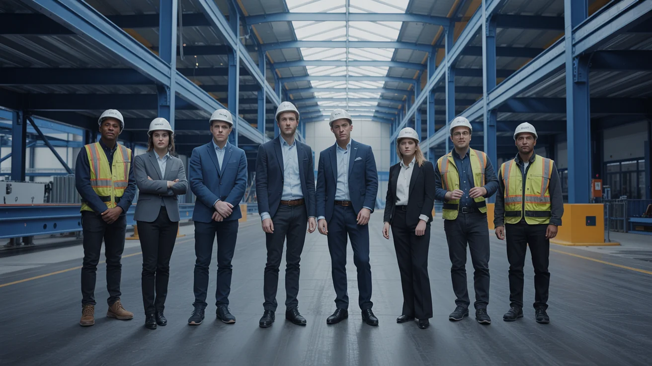 Diverse team of Armelands architects, engineers, and construction specialists collaborating on prefabricated building designs in modern office environment showcasing expertise and teamwork