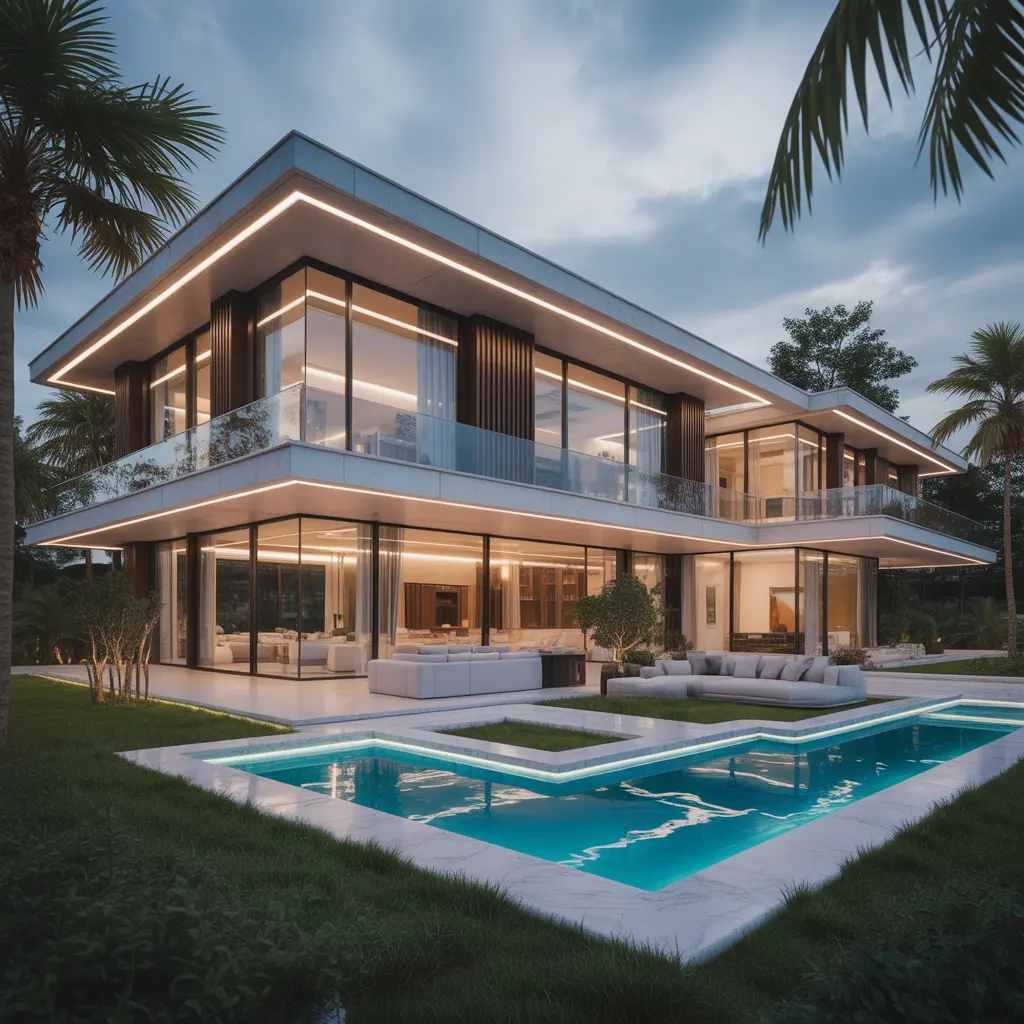 Grande Villa Model - premium 5-bedroom modular estate with dramatic glass frontage and entertainer's layout