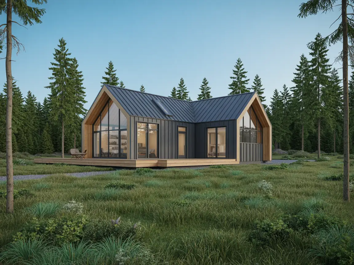 Elegance Villa Model - sophisticated 4-bedroom luxury prefabricated home featuring contemporary design with premium finishes, steel frame construction, and spacious open floor plan in rural setting