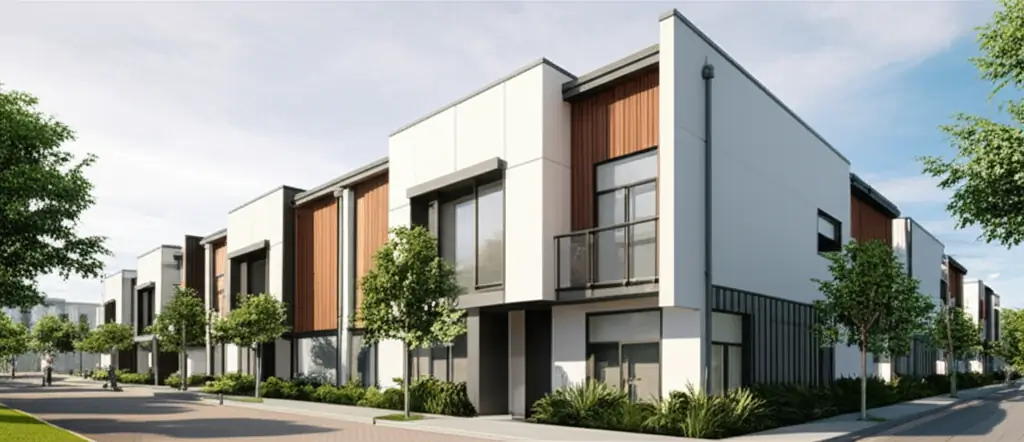 Stacked plex modular townhomes with contemporary façade treatment