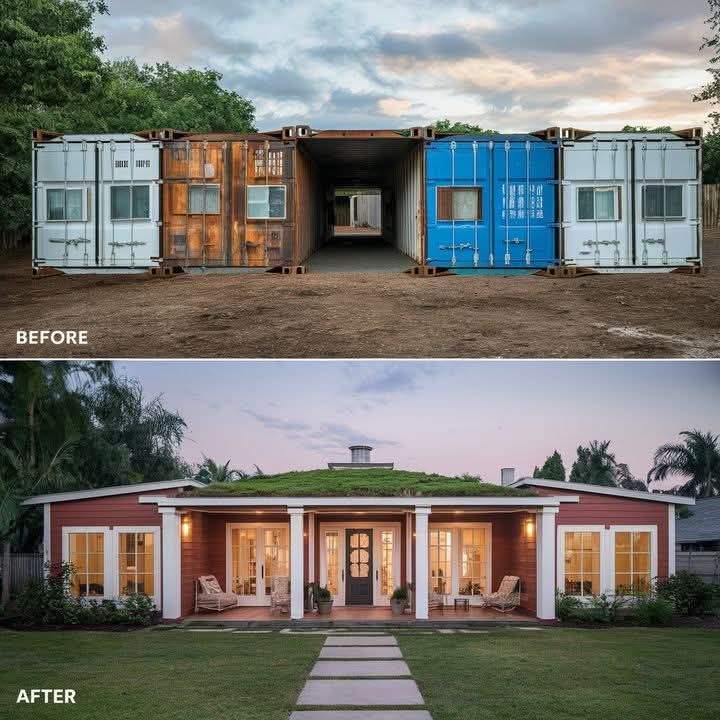 Modern expandable shipping container home with steel frame construction and contemporary design showcasing modular expansion capabilities
