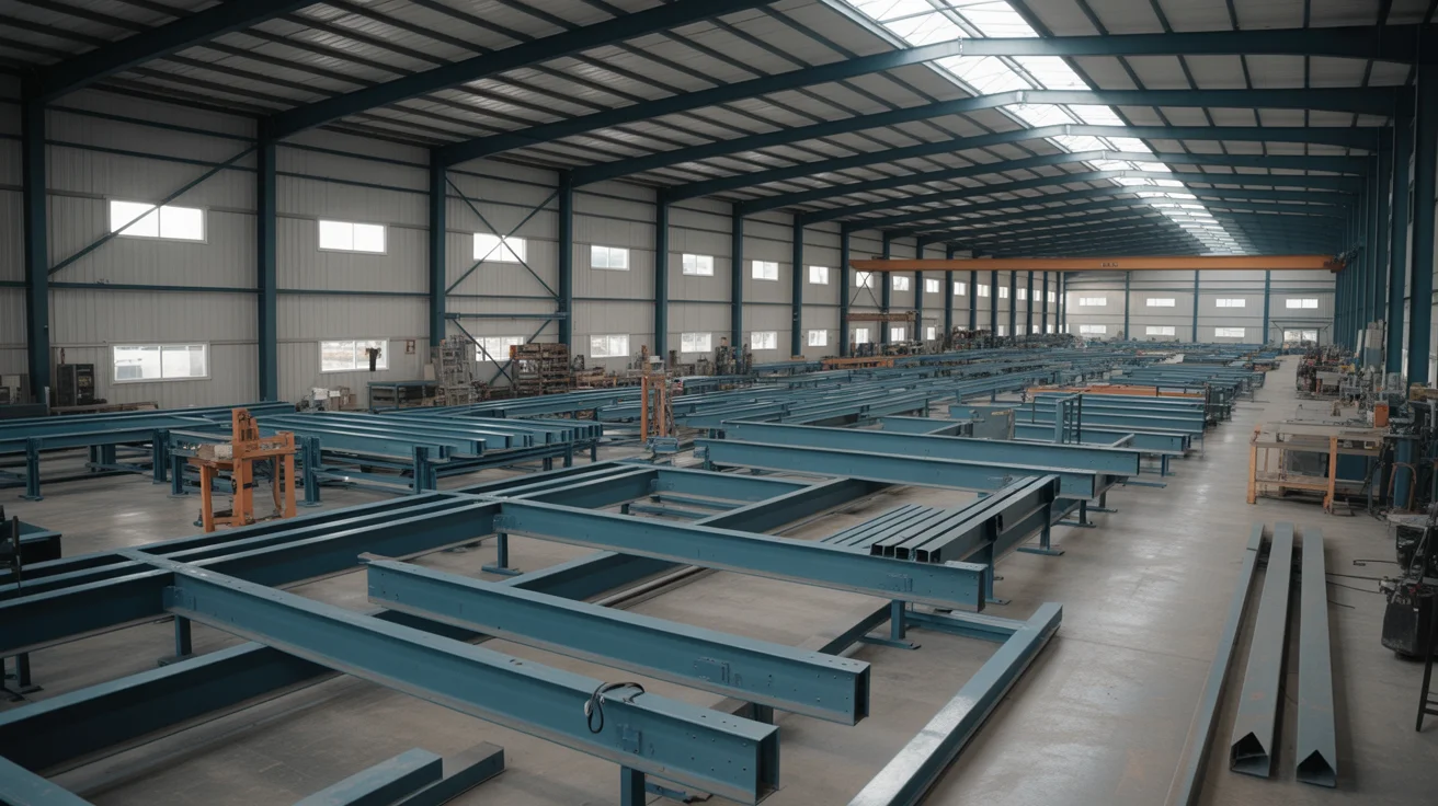 Modern steel frame construction facility showcasing precision manufacturing and quality craftsmanship